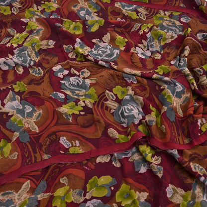 Indian Vintage Sari Maroon Pure Georgette Silk Printed Sarees 5Yd Craft Fabric Sewing Soft Light Dress Making/ Designing Quilting Crafting