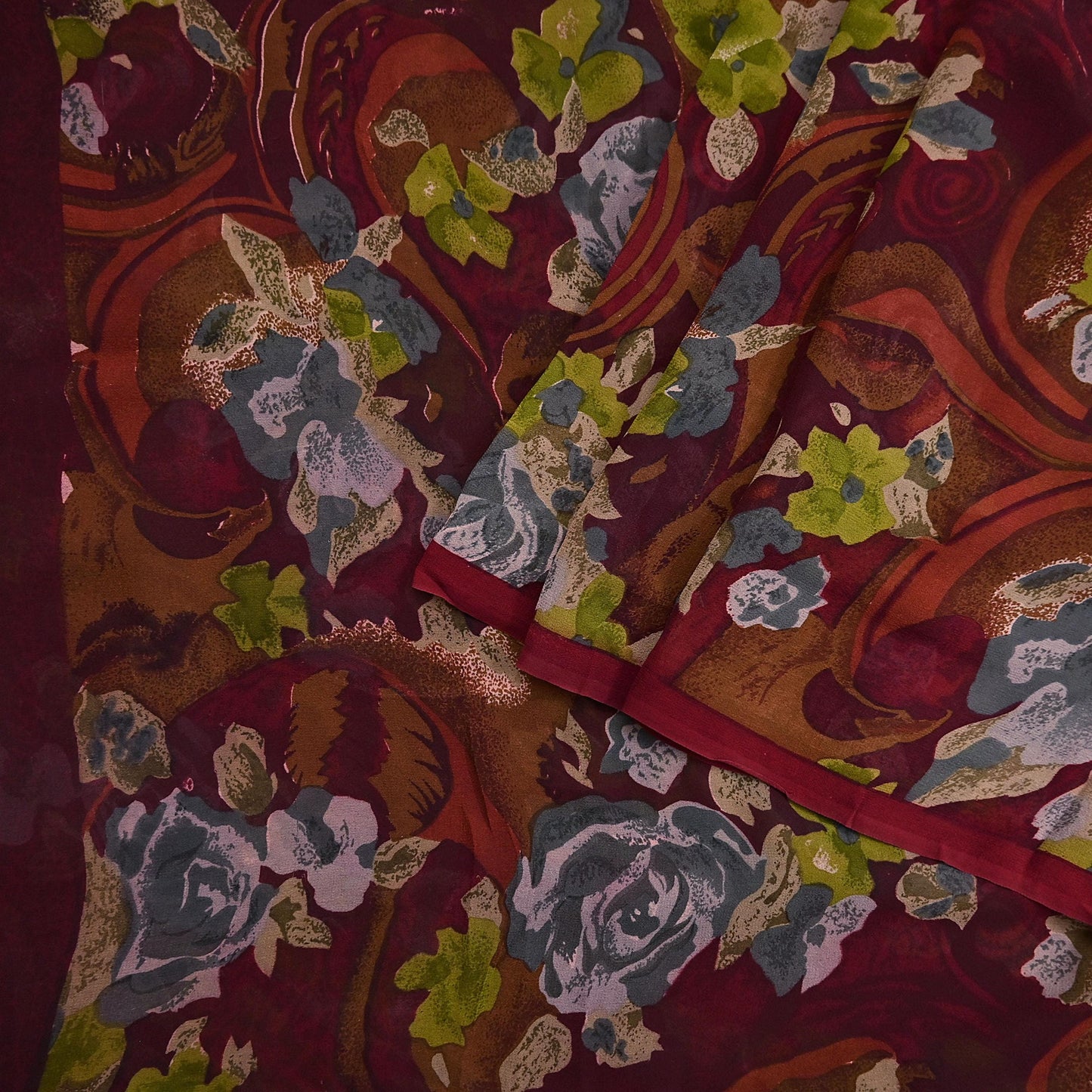 Indian Vintage Sari Maroon Pure Georgette Silk Printed Sarees 5Yd Craft Fabric Sewing Soft Light Dress Making/ Designing Quilting Crafting