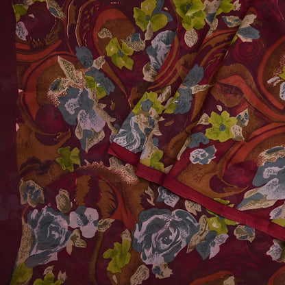 Indian Vintage Sari Maroon Pure Georgette Silk Printed Sarees 5Yd Craft Fabric Sewing Soft Light Dress Making/ Designing Quilting Crafting