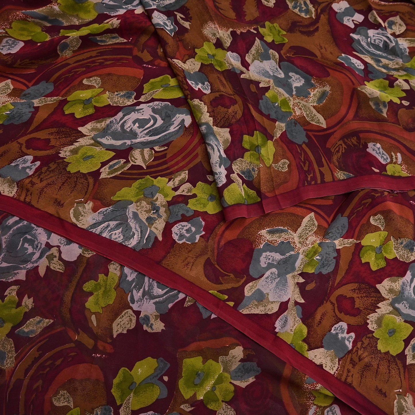 Indian Vintage Sari Maroon Pure Georgette Silk Printed Sarees 5Yd Craft Fabric Sewing Soft Light Dress Making/ Designing Quilting Crafting