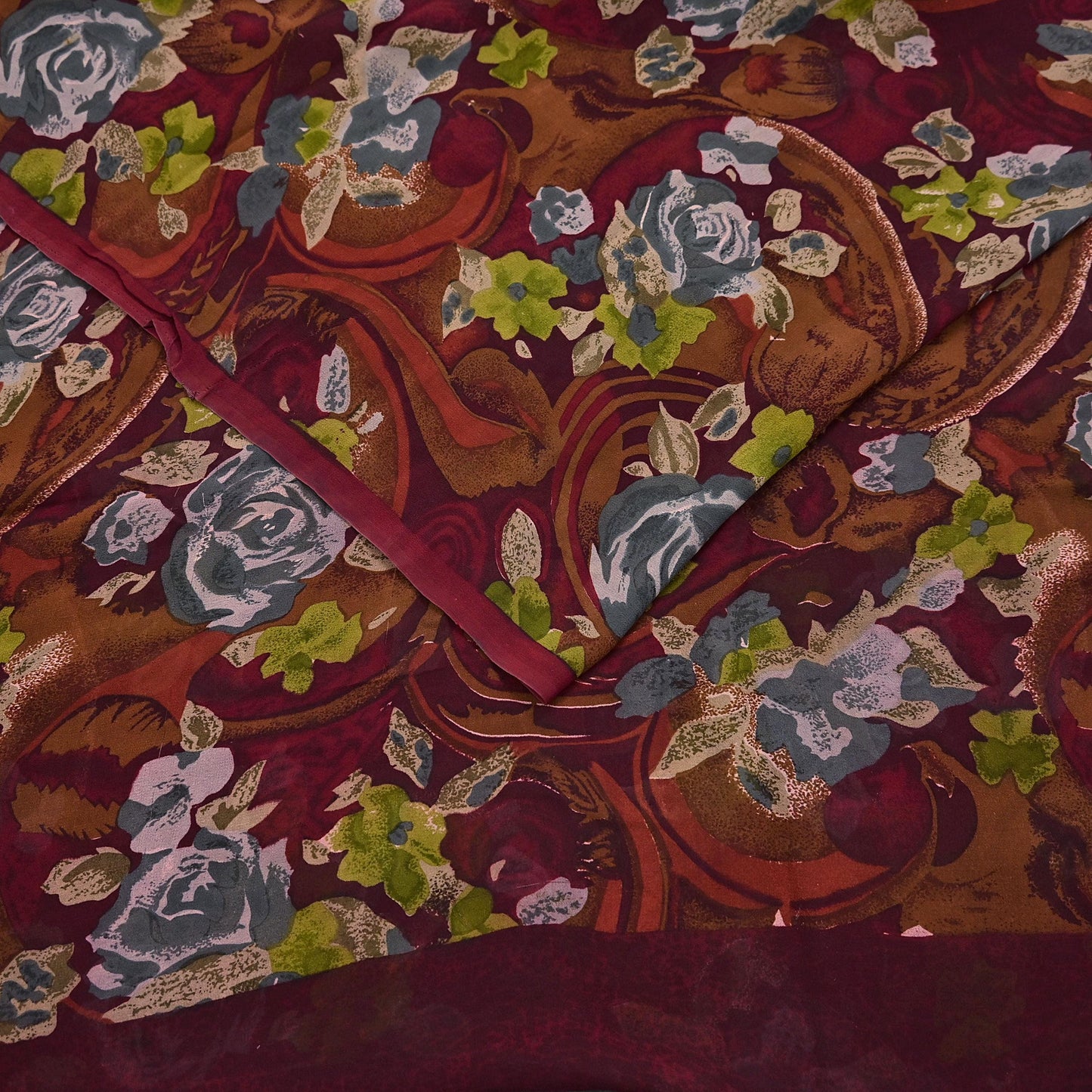 Indian Vintage Sari Maroon Pure Georgette Silk Printed Sarees 5Yd Craft Fabric Sewing Soft Light Dress Making/ Designing Quilting Crafting