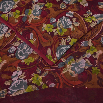 Indian Vintage Sari Maroon Pure Georgette Silk Printed Sarees 5Yd Craft Fabric Sewing Soft Light Dress Making/ Designing Quilting Crafting