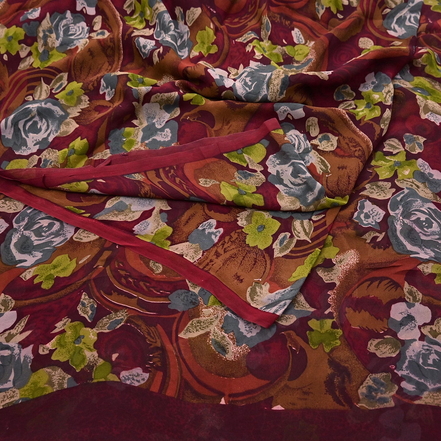 Indian Vintage Sari Maroon Pure Georgette Silk Printed Sarees 5Yd Craft Fabric Sewing Soft Light Dress Making/ Designing Quilting Crafting