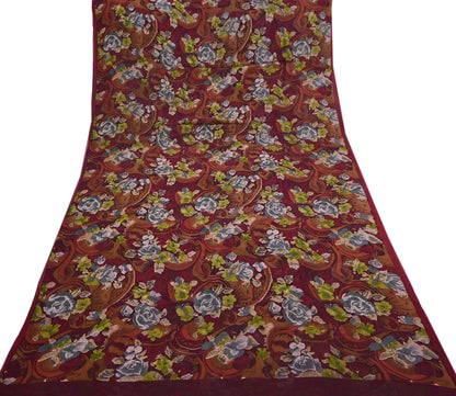 Indian Vintage Sari Maroon Pure Georgette Silk Printed Sarees 5Yd Craft Fabric Sewing Soft Light Dress Making/ Designing Quilting Crafting