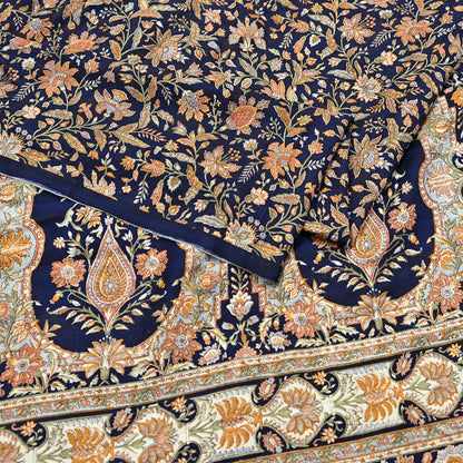 Indian Vintage Sari Blue 100% Pure Silk Printed Saree Craft Fabric 6yd Sewing Dress Making Soft Wrap Quilting Crafting Upcycle