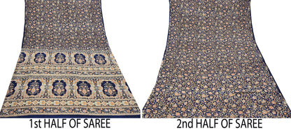 Indian Vintage Sari Blue 100% Pure Silk Printed Saree Craft Fabric 6yd Sewing Dress Making Soft Wrap Quilting Crafting Upcycle