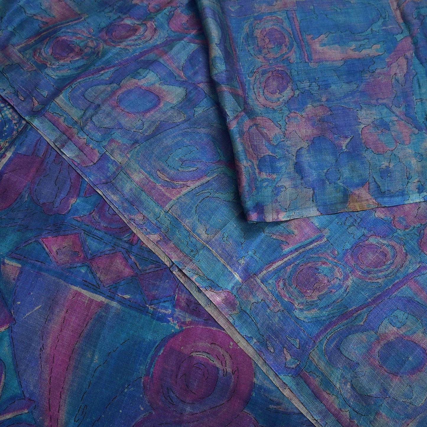 Indian Vintage Sari Green & Blue Pure Silk Printed Sarees Craft Fabric 5yd Sewing Dress Making Soft Floral Crafting Quilting Upcycle