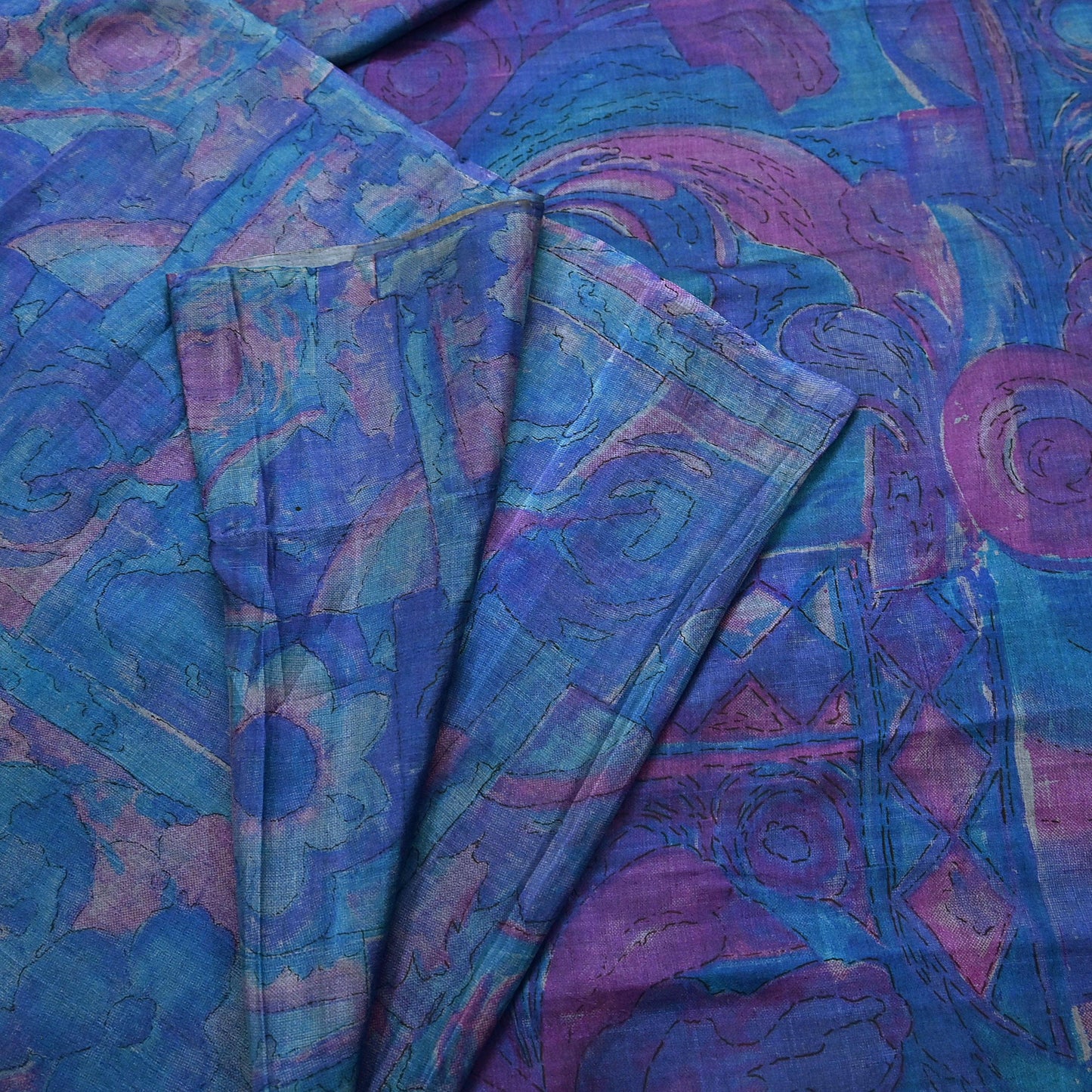 Indian Vintage Sari Green & Blue Pure Silk Printed Sarees Craft Fabric 5yd Sewing Dress Making Soft Floral Crafting Quilting Upcycle