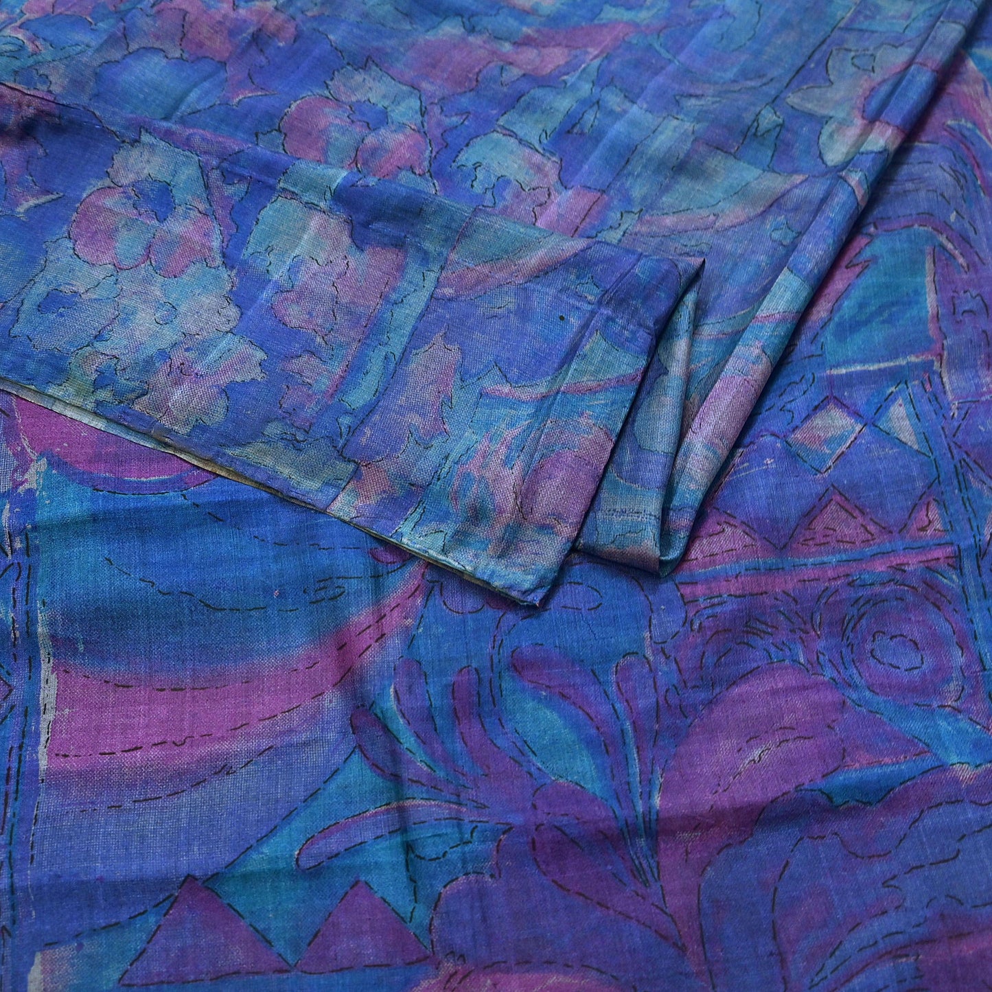 Indian Vintage Sari Green & Blue Pure Silk Printed Sarees Craft Fabric 5yd Sewing Dress Making Soft Floral Crafting Quilting Upcycle