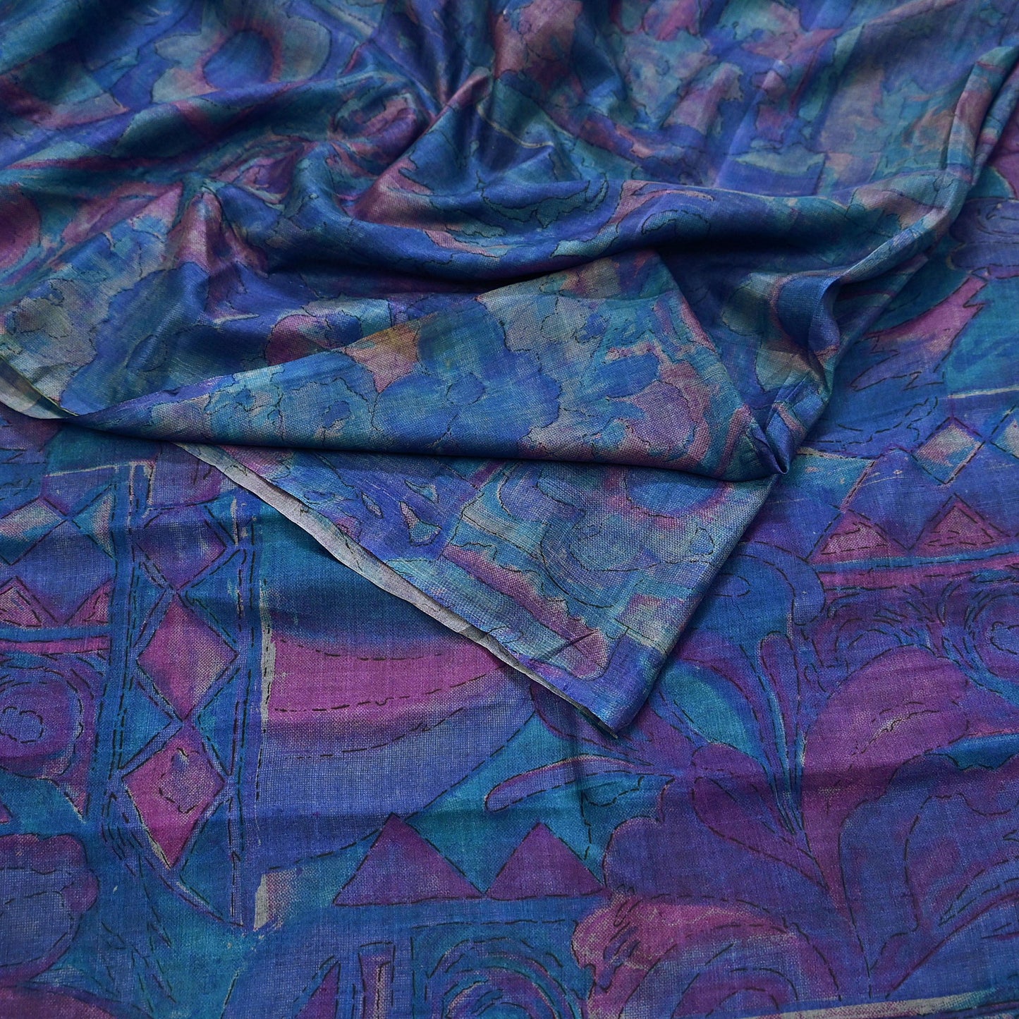 Indian Vintage Sari Green & Blue Pure Silk Printed Sarees Craft Fabric 5yd Sewing Dress Making Soft Floral Crafting Quilting Upcycle