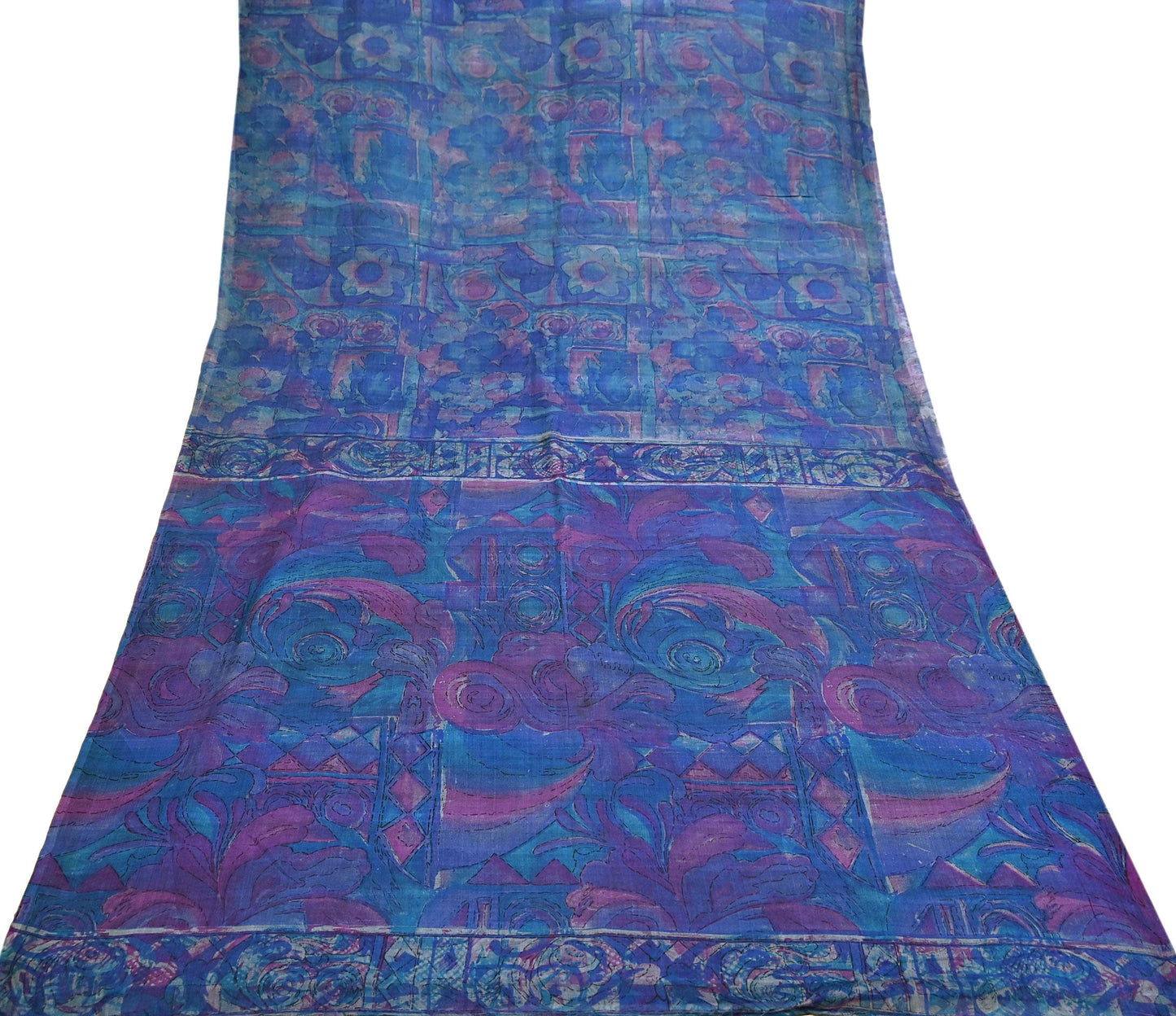 Indian Vintage Sari Green & Blue Pure Silk Printed Sarees Craft Fabric 5yd Sewing Dress Making Soft Floral Crafting Quilting Upcycle