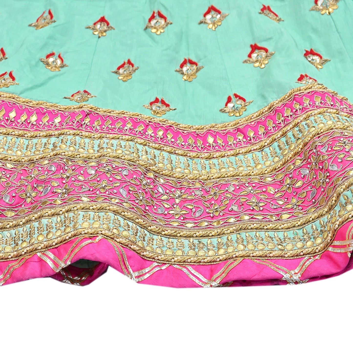 Designer Abu Jani Green & Pink Raw Silk Bridal Skirt, Gota patti Work Lehenga, Hand Embroidered Couture Indian Wedding Wear, Festive Outfit
