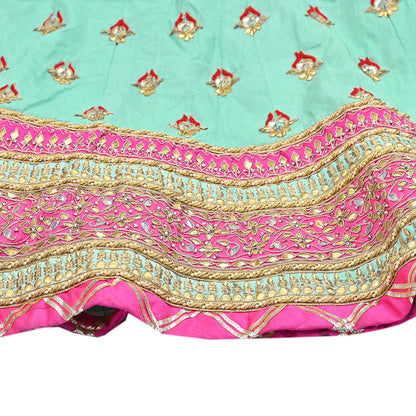 Designer Abu Jani Green & Pink Raw Silk Bridal Skirt, Gota patti Work Lehenga, Hand Embroidered Couture Indian Wedding Wear, Festive Outfit