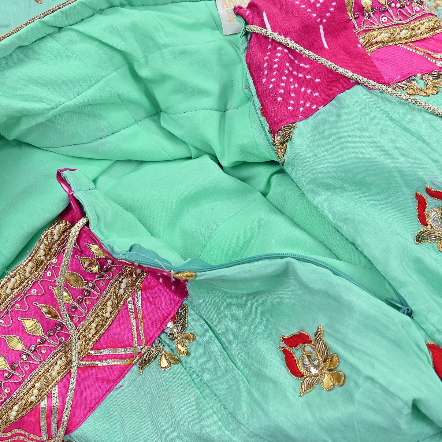 Designer Abu Jani Green & Pink Raw Silk Bridal Skirt, Gota patti Work Lehenga, Hand Embroidered Couture Indian Wedding Wear, Festive Outfit