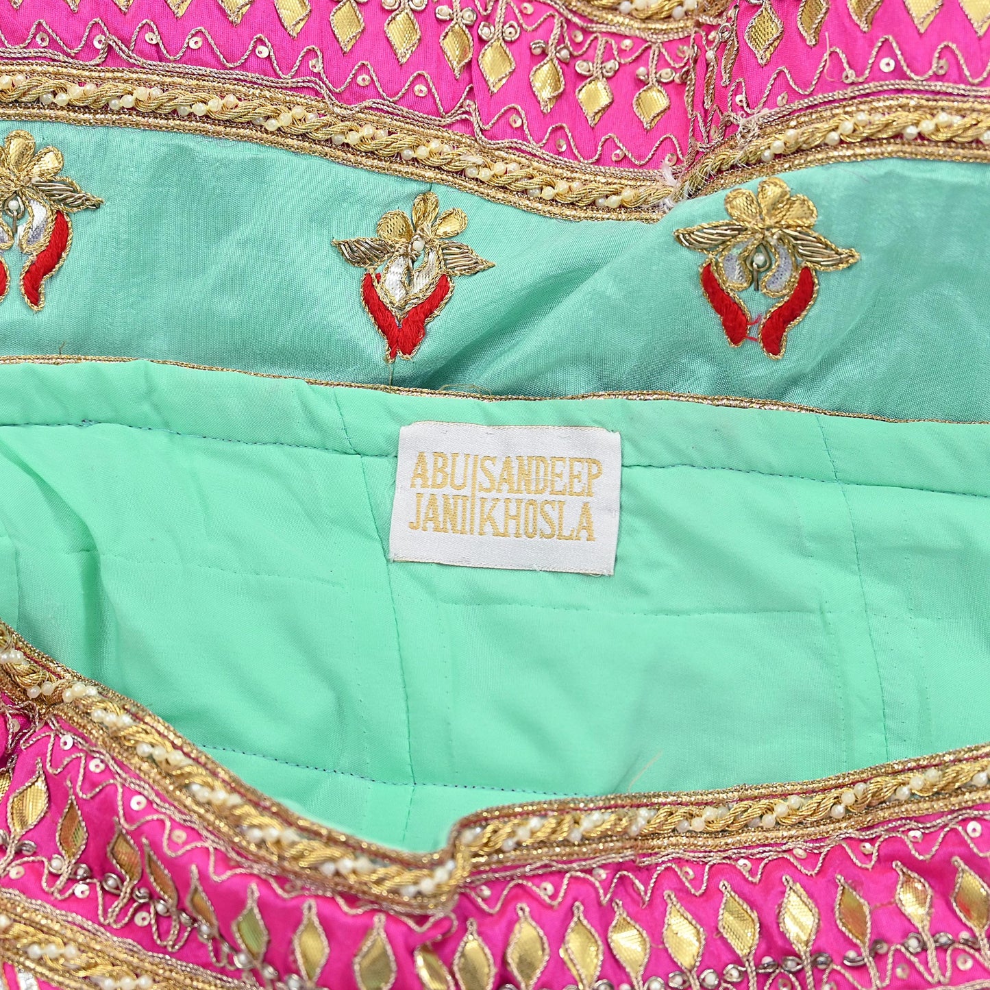 Designer Abu Jani Green & Pink Raw Silk Bridal Skirt, Gota patti Work Lehenga, Hand Embroidered Couture Indian Wedding Wear, Festive Outfit