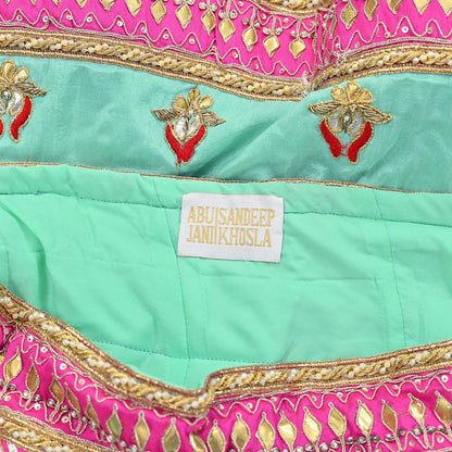 Designer Abu Jani Green & Pink Raw Silk Bridal Skirt, Gota patti Work Lehenga, Hand Embroidered Couture Indian Wedding Wear, Festive Outfit
