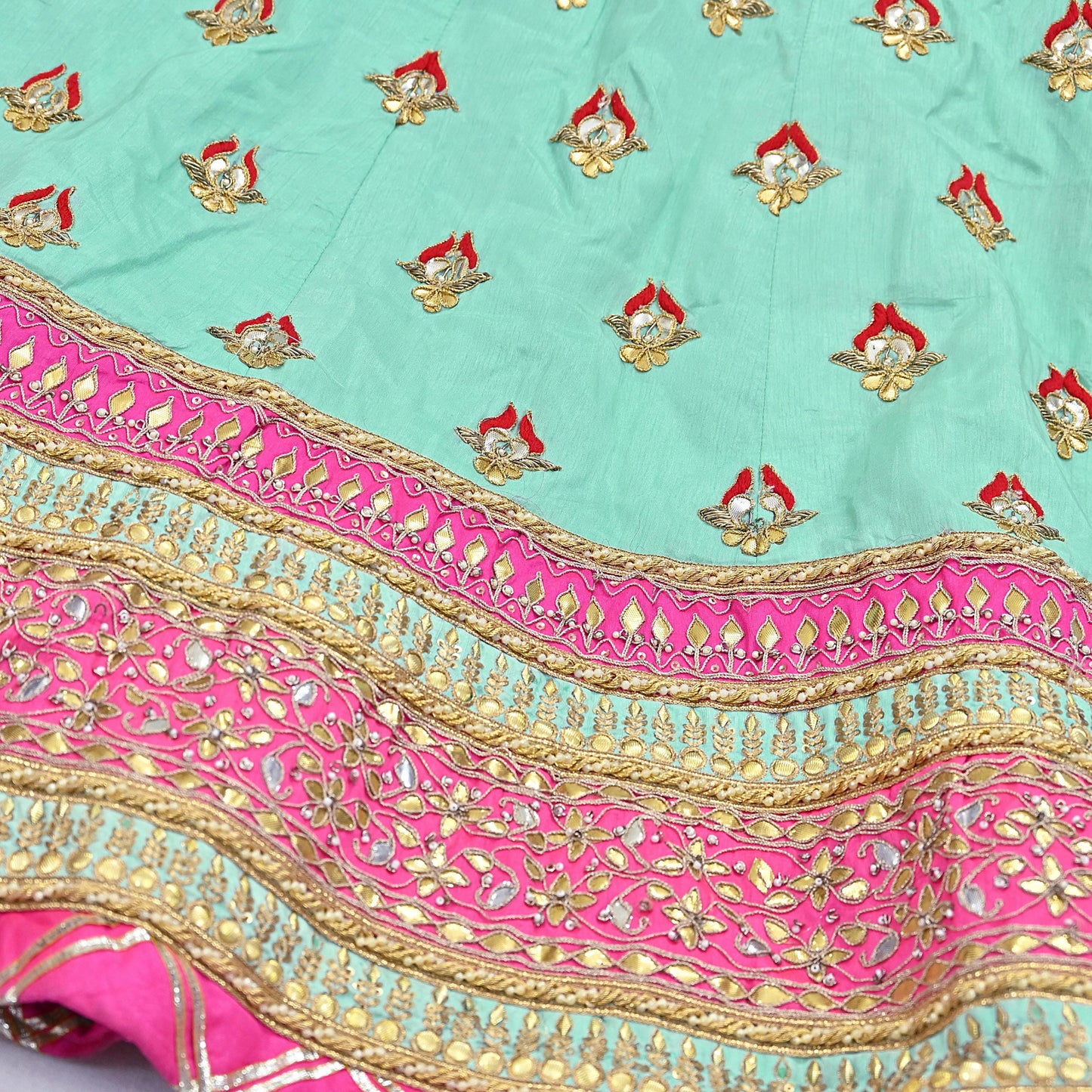Designer Abu Jani Green & Pink Raw Silk Bridal Skirt, Gota patti Work Lehenga, Hand Embroidered Couture Indian Wedding Wear, Festive Outfit