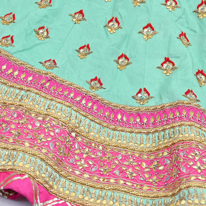 Designer Abu Jani Green & Pink Raw Silk Bridal Skirt, Gota patti Work Lehenga, Hand Embroidered Couture Indian Wedding Wear, Festive Outfit