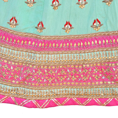 Designer Abu Jani Green & Pink Raw Silk Bridal Skirt, Gota patti Work Lehenga, Hand Embroidered Couture Indian Wedding Wear, Festive Outfit