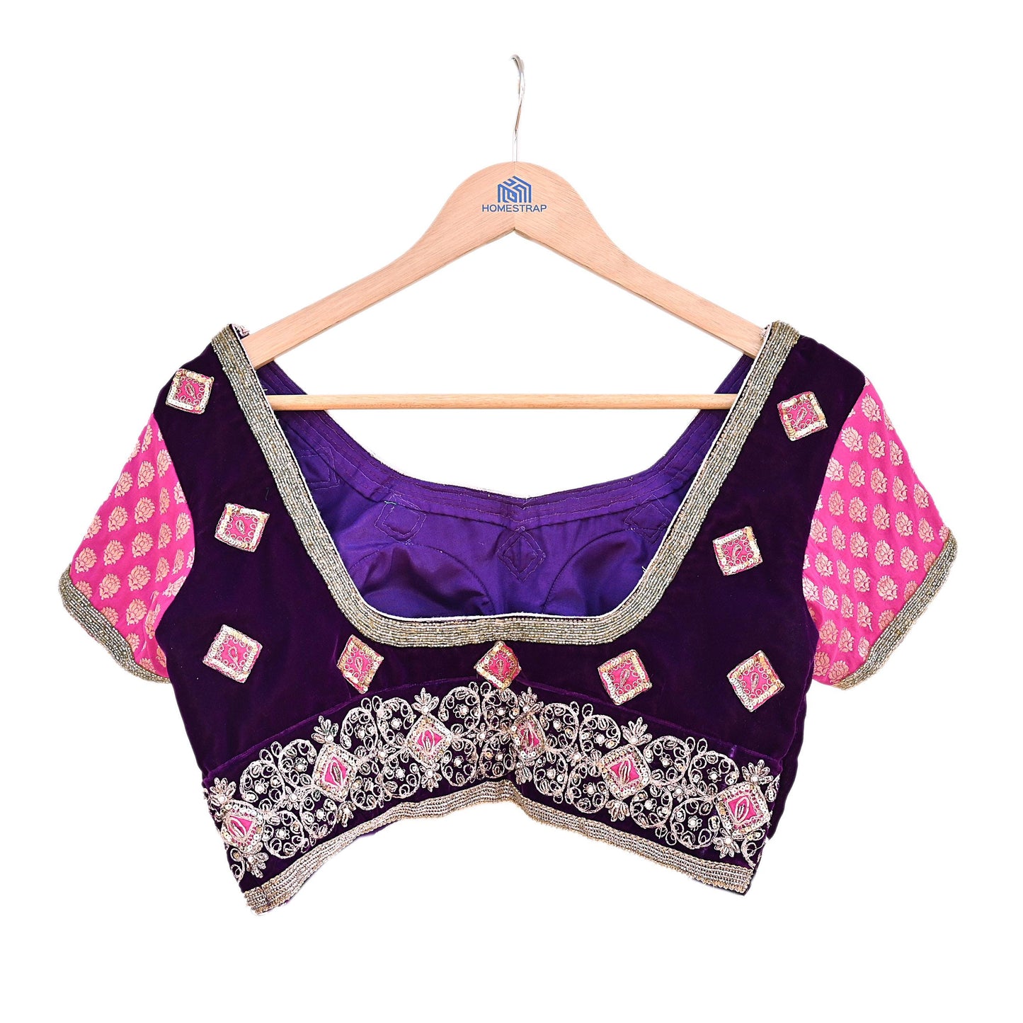 Indian Pre-owned Heavy Purple Velvet Hand Embroidered By Designer Anamika Khanna Padded Blouse/Top/Crop M Size Party wear Bollywood