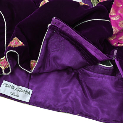 Indian Pre-owned Heavy Purple Velvet Hand Embroidered By Designer Anamika Khanna Padded Blouse/Top/Crop M Size Party wear Bollywood
