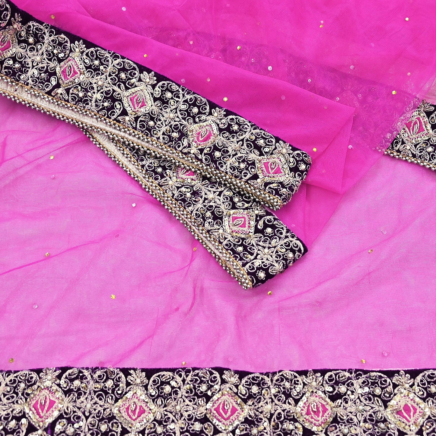 Indian Vintage Heavy Wedding Pink Net/Mesh Hand Embroidered Dupatta Designer By Anamika Khanna Bridal Wear Dabka Zardozi Veil Hijab