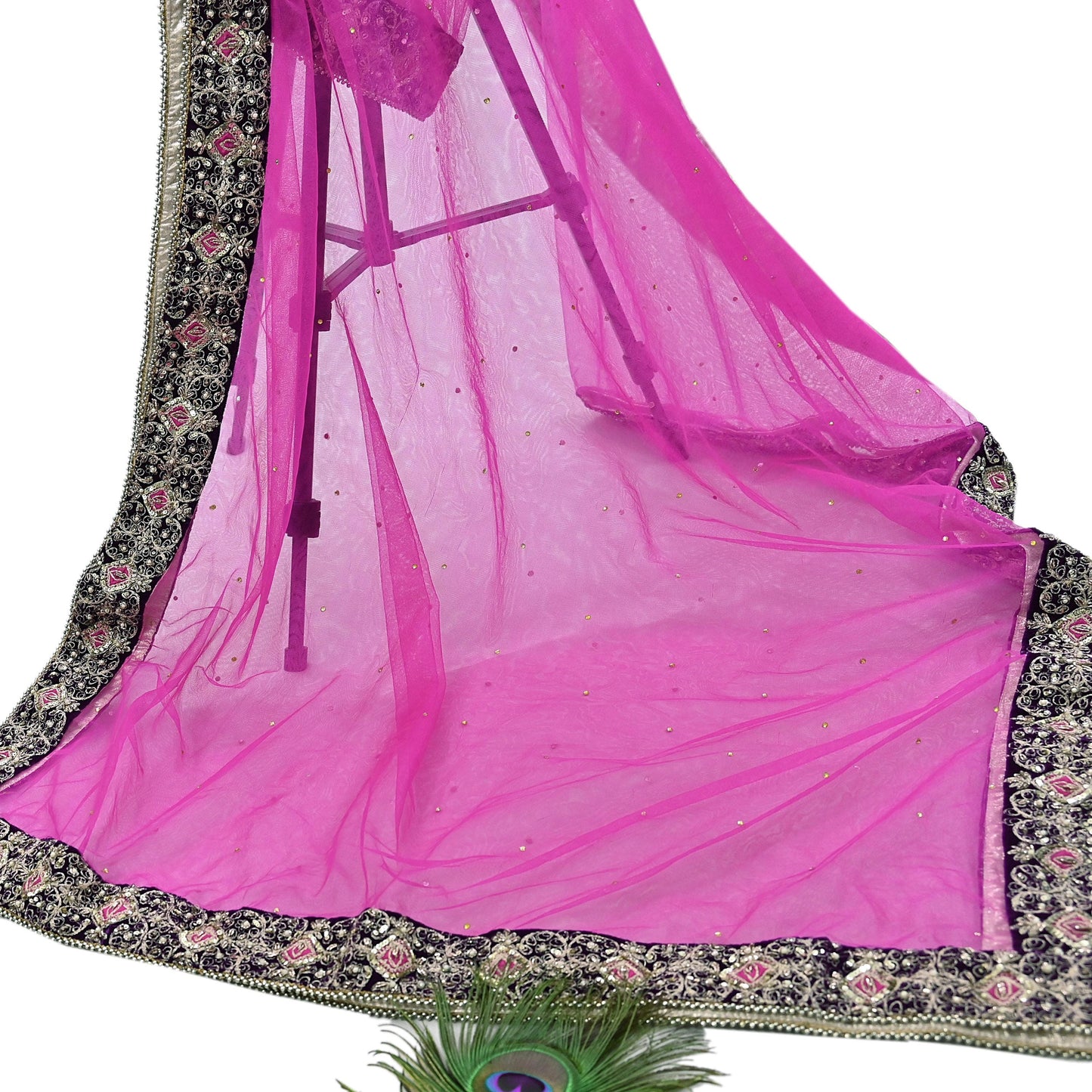Indian Vintage Heavy Wedding Pink Net/Mesh Hand Embroidered Dupatta Designer By Anamika Khanna Bridal Wear Dabka Zardozi Veil Hijab
