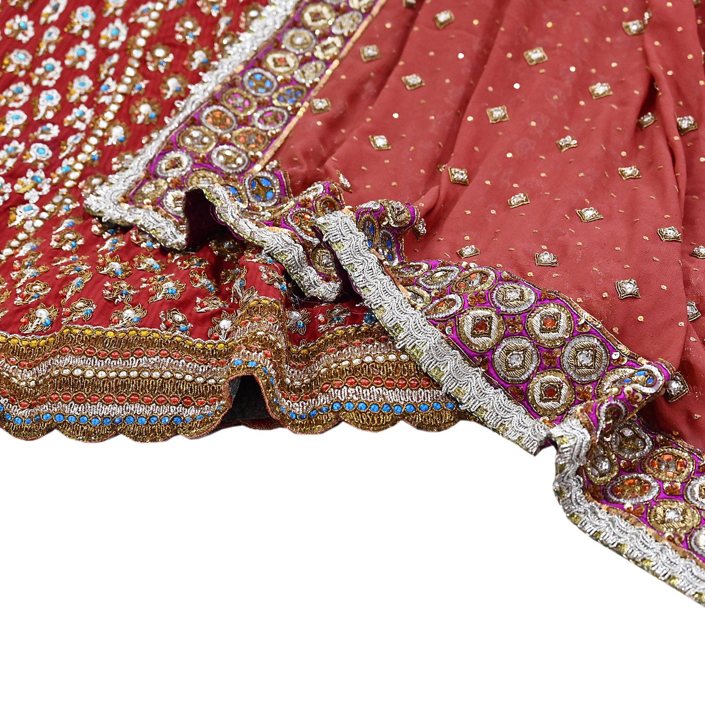 Indian Heavy Red & Rusty Pure Georgette Raw Silk/Net Hand Embroidered Lehenga 2pcs Set By Designer Nandita Thirani Bridal Wear