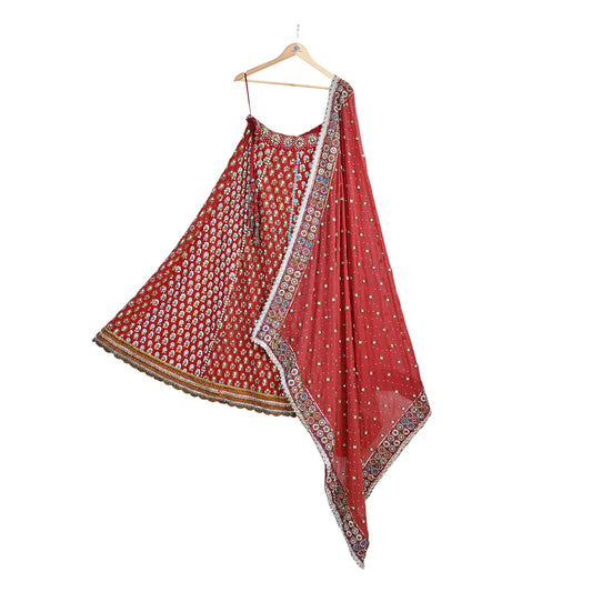 Indian Heavy Red & Rusty Pure Georgette Raw Silk/Net Hand Embroidered Lehenga 2pcs Set By Designer Nandita Thirani Bridal Wear