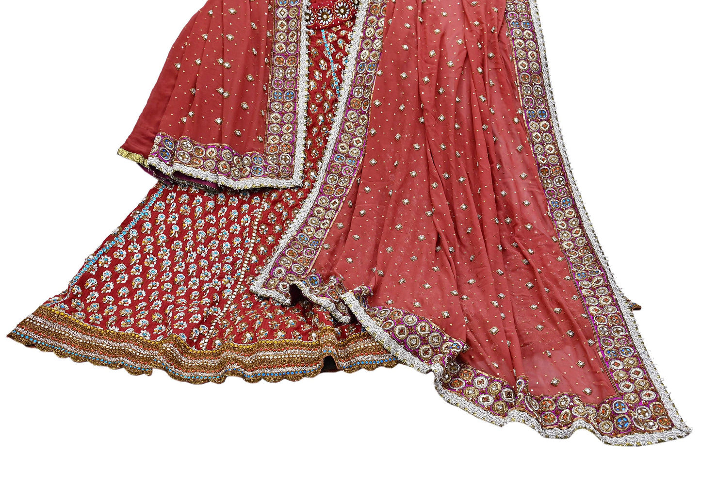 Indian Heavy Red & Rusty Pure Georgette Raw Silk/Net Hand Embroidered Lehenga 2pcs Set By Designer Nandita Thirani Bridal Wear
