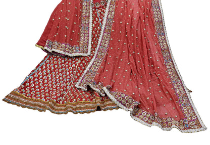 Indian Heavy Red & Rusty Pure Georgette Raw Silk/Net Hand Embroidered Lehenga 2pcs Set By Designer Nandita Thirani Bridal Wear