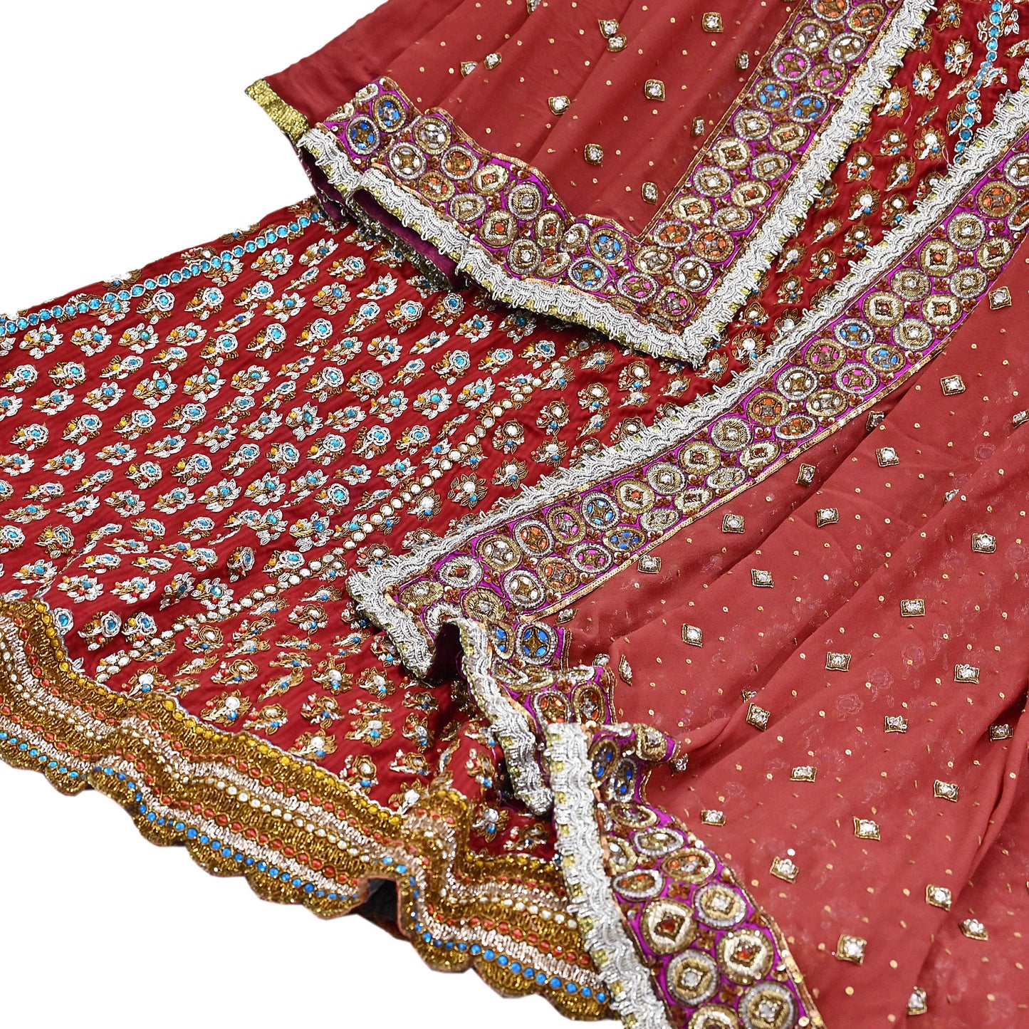 Indian Heavy Red & Rusty Pure Georgette Raw Silk/Net Hand Embroidered Lehenga 2pcs Set By Designer Nandita Thirani Bridal Wear