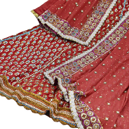 Indian Heavy Red & Rusty Pure Georgette Raw Silk/Net Hand Embroidered Lehenga 2pcs Set By Designer Nandita Thirani Bridal Wear