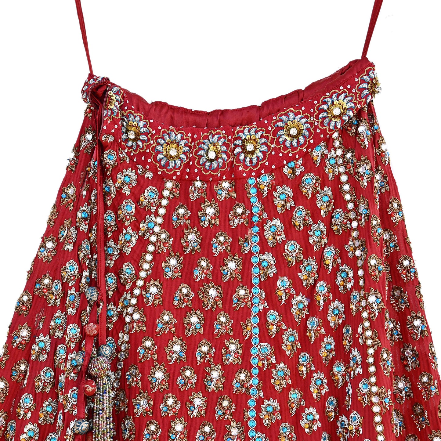 Party wear Heavy Red Raw Silk Hand Embroidered Lehenga Skirt by Designer Nandita Thirani Bridal Wear Indian Couture Fashion