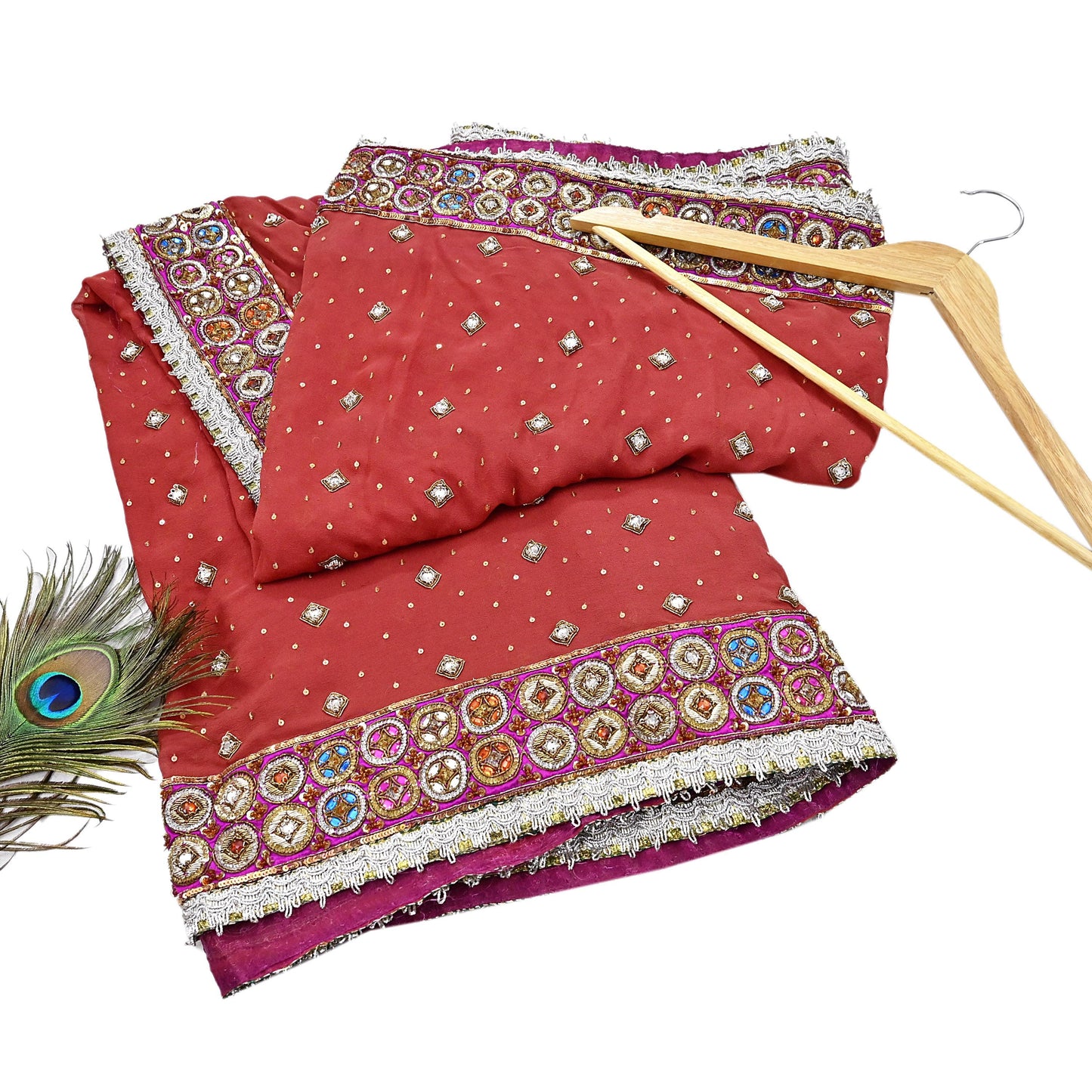 Indian Pre-owned Heavy Rusty Pure Georgette Silk Hand Embroidered Dupatta Designer By Nandita Thirani Bridal Wear Dabka Zardozi Veil Hijab