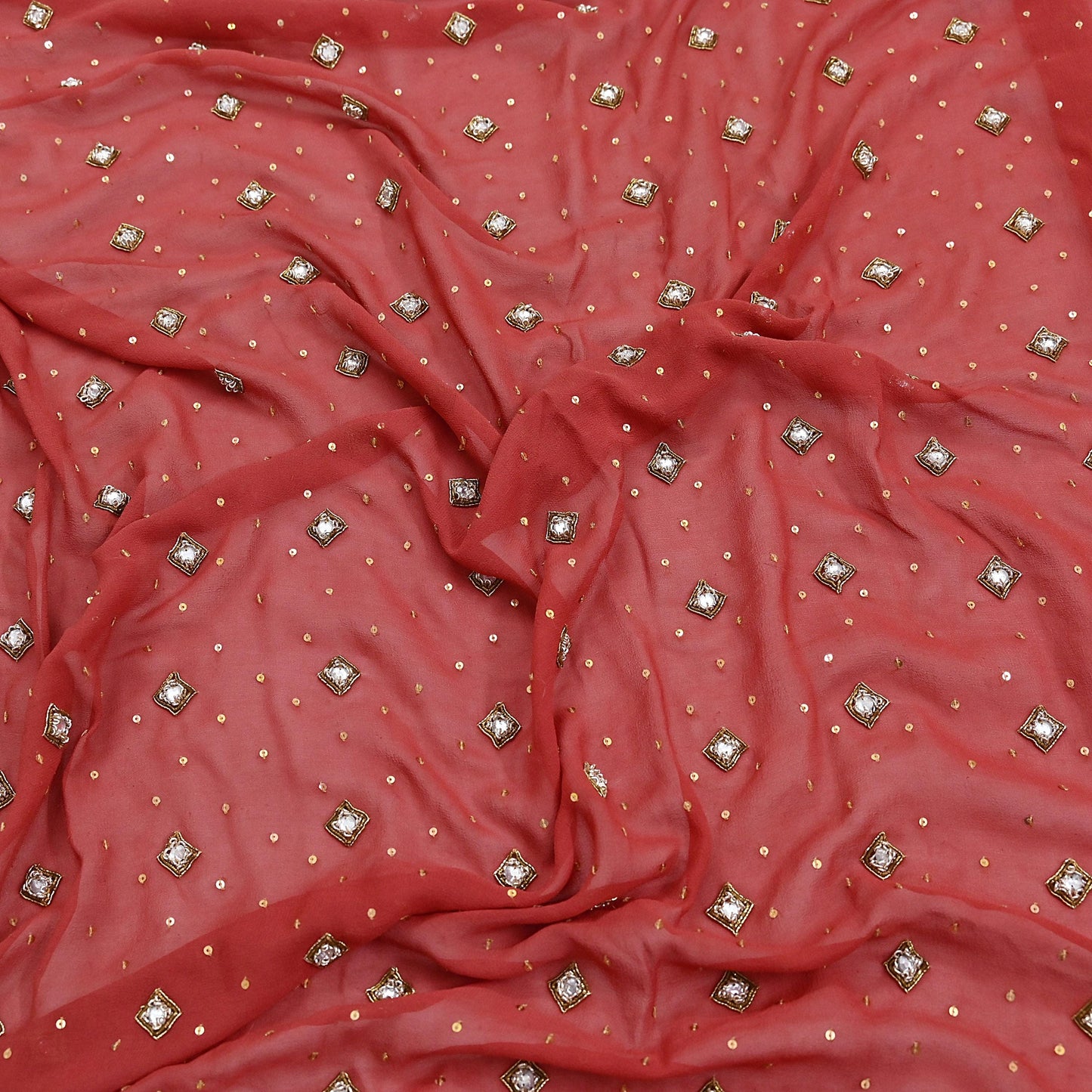 Indian Pre-owned Heavy Rusty Pure Georgette Silk Hand Embroidered Dupatta Designer By Nandita Thirani Bridal Wear Dabka Zardozi Veil Hijab