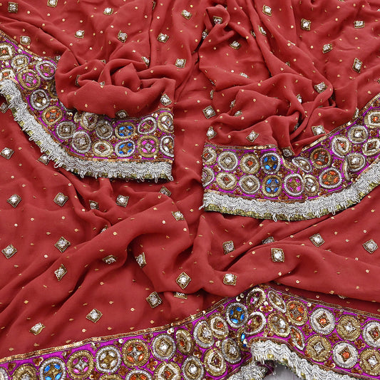 Indian Pre-owned Heavy Rusty Pure Georgette Silk Hand Embroidered Dupatta Designer By Nandita Thirani Bridal Wear Dabka Zardozi Veil Hijab