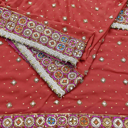 Indian Pre-owned Heavy Rusty Pure Georgette Silk Hand Embroidered Dupatta Designer By Nandita Thirani Bridal Wear Dabka Zardozi Veil Hijab