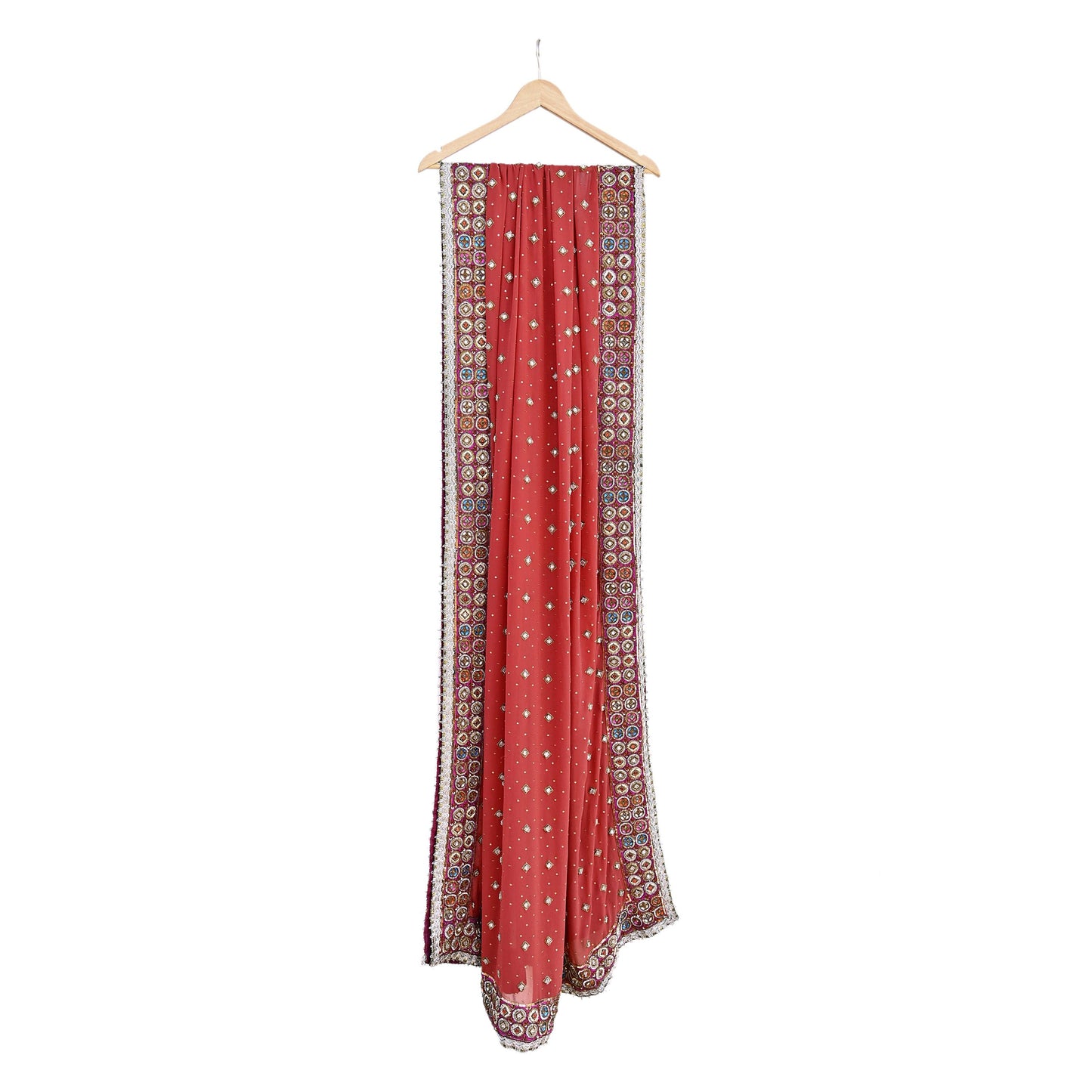 Indian Pre-owned Heavy Rusty Pure Georgette Silk Hand Embroidered Dupatta Designer By Nandita Thirani Bridal Wear Dabka Zardozi Veil Hijab