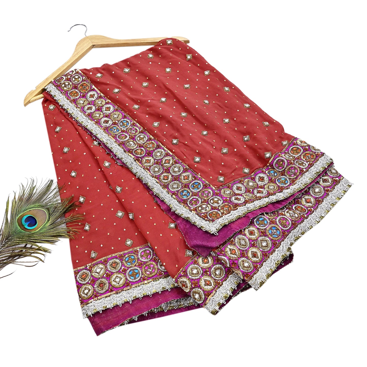 Indian Pre-owned Heavy Rusty Pure Georgette Silk Hand Embroidered Dupatta Designer By Nandita Thirani Bridal Wear Dabka Zardozi Veil Hijab