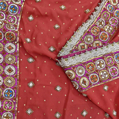 Indian Pre-owned Heavy Rusty Pure Georgette Silk Hand Embroidered Dupatta Designer By Nandita Thirani Bridal Wear Dabka Zardozi Veil Hijab