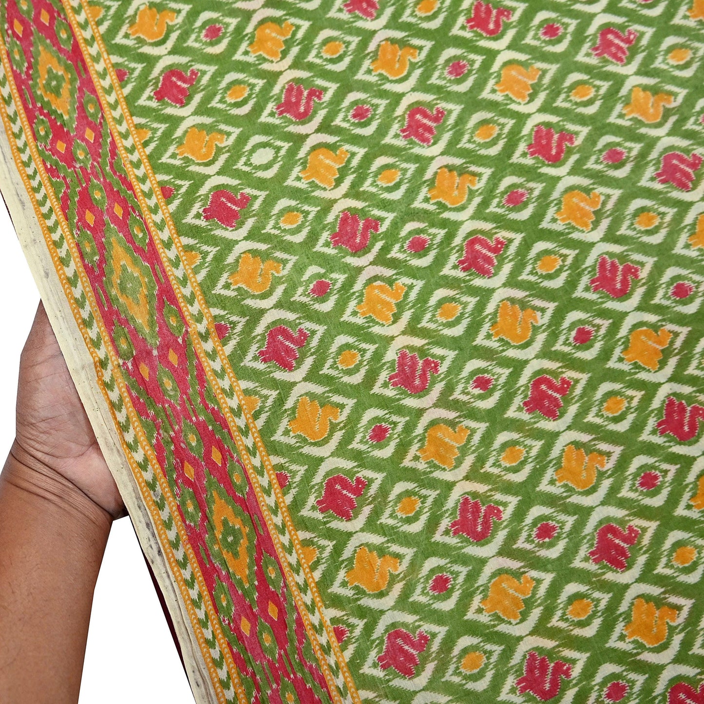 Indian Vintage Green Sari Kalamkari Printed Pure Cotton Saree Fabric Soft Floral 5Yd Sarong Wrap Fabric Fish