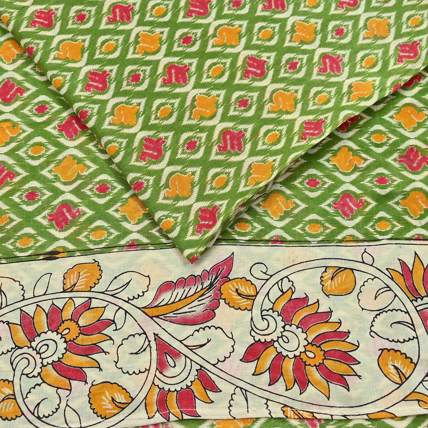 Indian Vintage Green Sari Kalamkari Printed Pure Cotton Saree Fabric Soft Floral 5Yd Sarong Wrap Fabric Fish