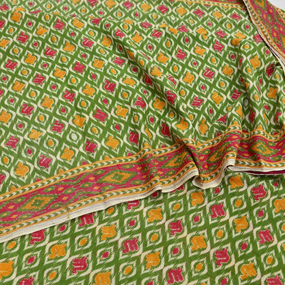 Indian Vintage Green Sari Kalamkari Printed Pure Cotton Saree Fabric Soft Floral 5Yd Sarong Wrap Fabric Fish