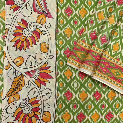 Indian Vintage Green Sari Kalamkari Printed Pure Cotton Saree Fabric Soft Floral 5Yd Sarong Wrap Fabric Fish