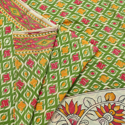 Indian Vintage Green Sari Kalamkari Printed Pure Cotton Saree Fabric Soft Floral 5Yd Sarong Wrap Fabric Fish