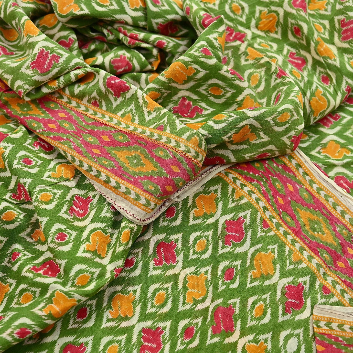 Indian Vintage Green Sari Kalamkari Printed Pure Cotton Saree Fabric Soft Floral 5Yd Sarong Wrap Fabric Fish