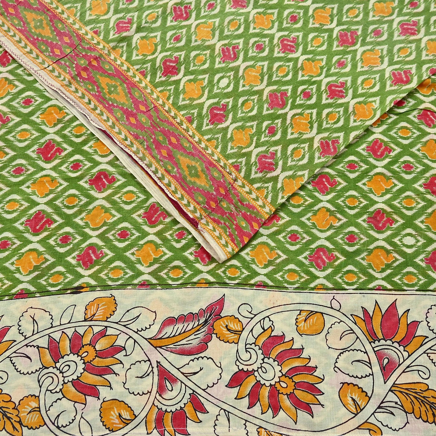 Indian Vintage Green Sari Kalamkari Printed Pure Cotton Saree Fabric Soft Floral 5Yd Sarong Wrap Fabric Fish