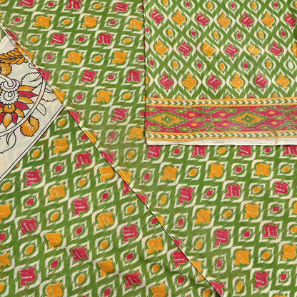 Indian Vintage Green Sari Kalamkari Printed Pure Cotton Saree Fabric Soft Floral 5Yd Sarong Wrap Fabric Fish