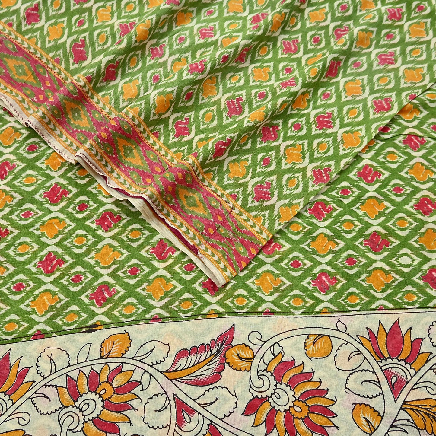 Indian Vintage Green Sari Kalamkari Printed Pure Cotton Saree Fabric Soft Floral 5Yd Sarong Wrap Fabric Fish